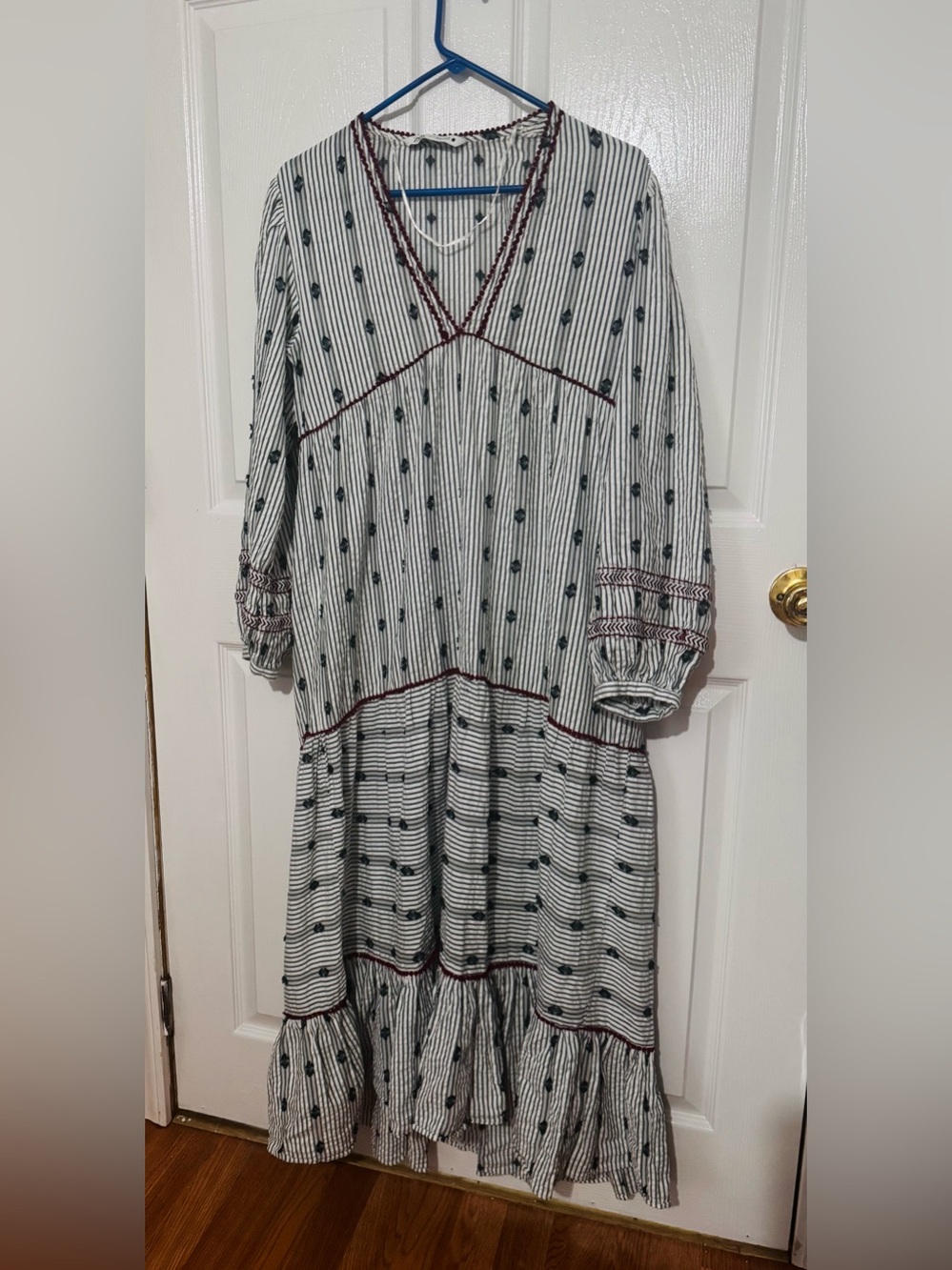 Zara White Striped Maxi Dress with Navy Dot Print & Burgundy Trim